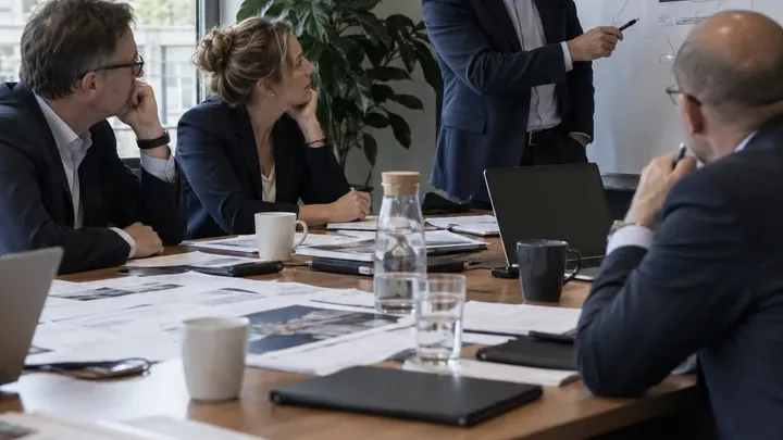 People discussing documents at a meeting.