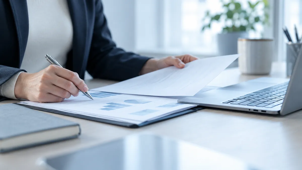 Documents and charts being reviewed beside a laptop.