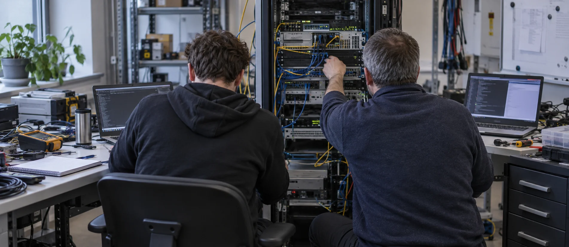 Security specialists reviewing infrastructure controls and technical evidence in an operations environment.